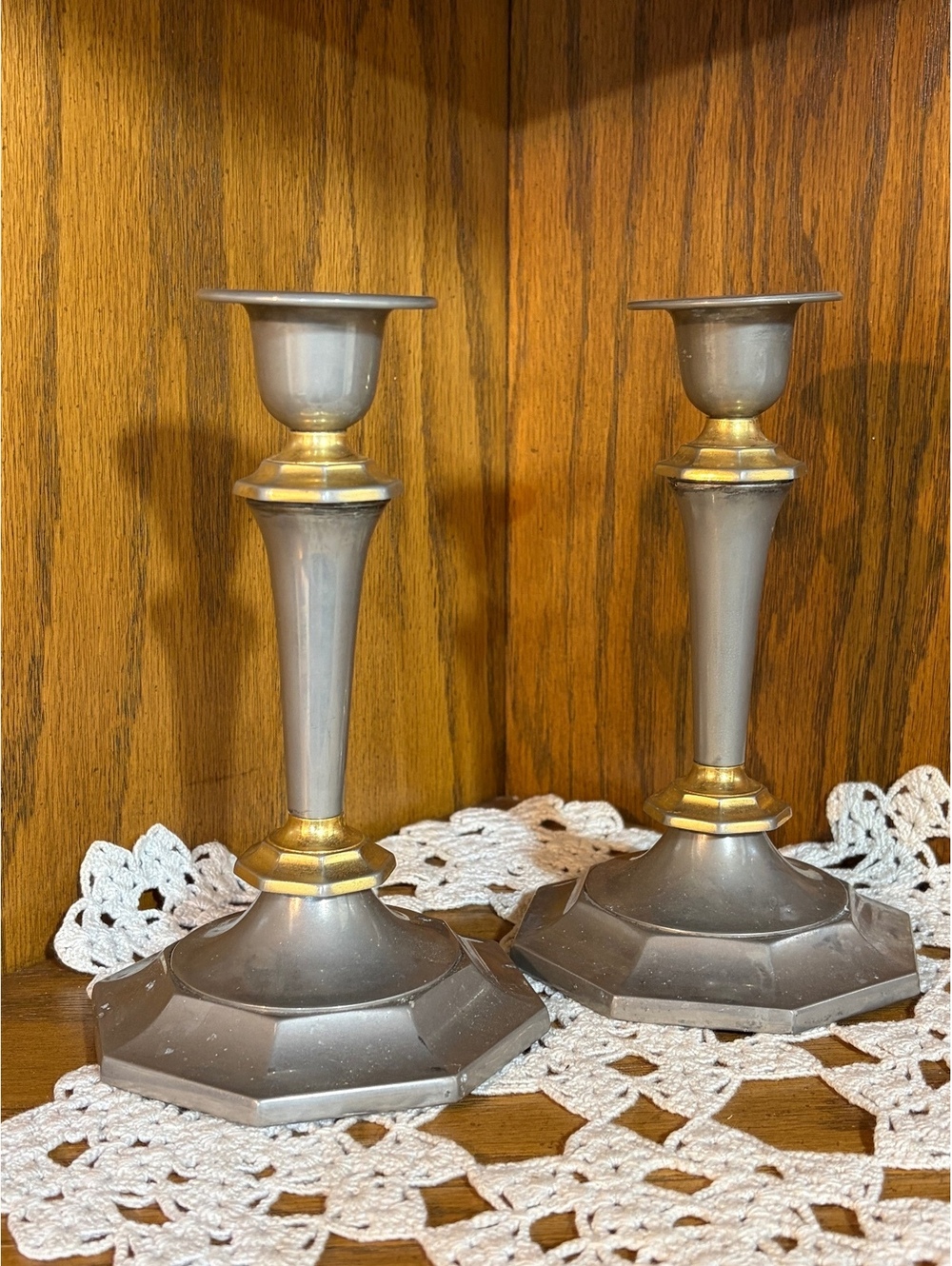Vintage Two-Tone Silver & Brass Candlesticks Pair Hexagonal Taper Candle Holders